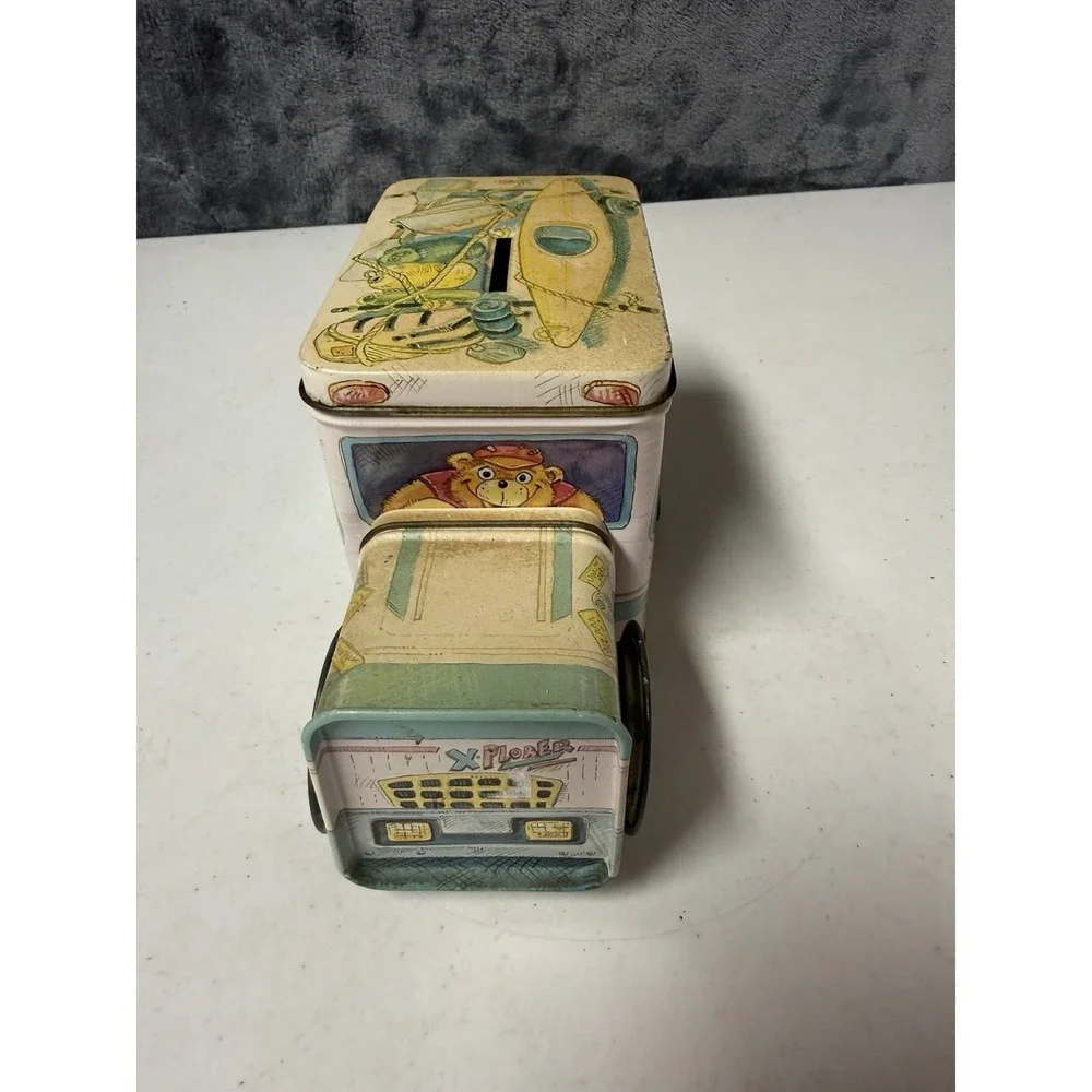 Vintage 1990's Children's Tin Truck Bank and Camping Bear Tin Can - Collectible